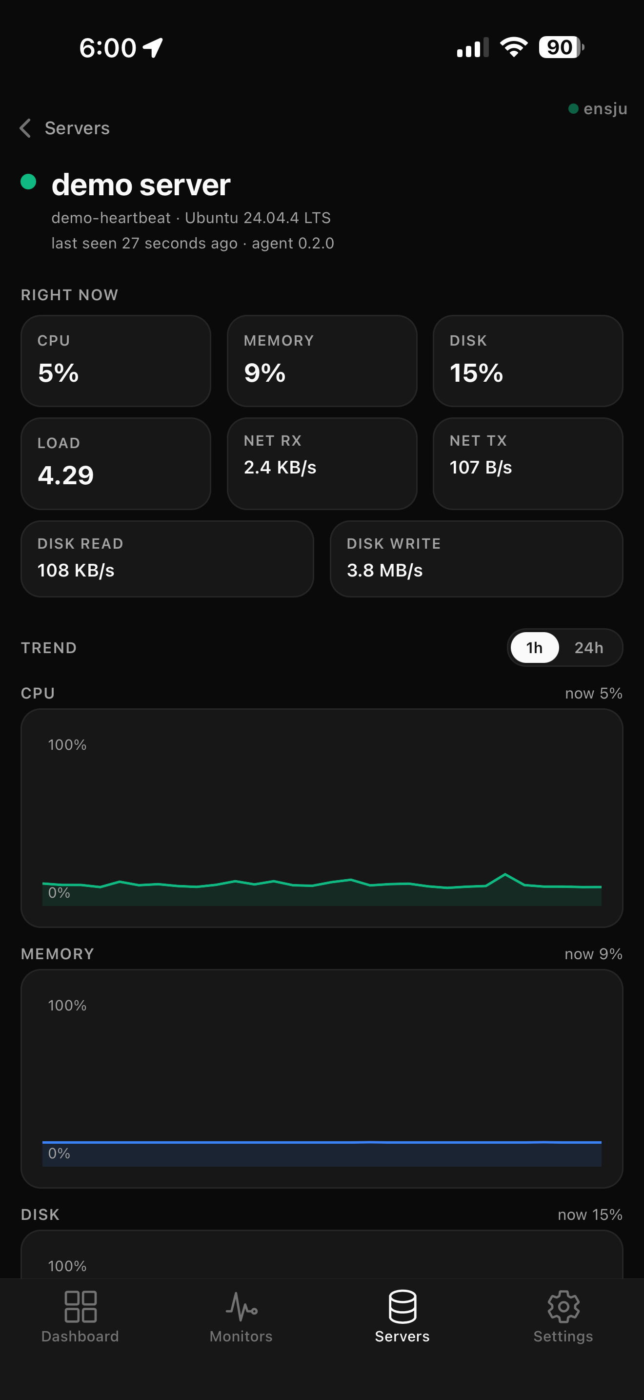 The Ensju iPhone app server detail: live CPU, memory, disk, load, and network tiles above trend charts.